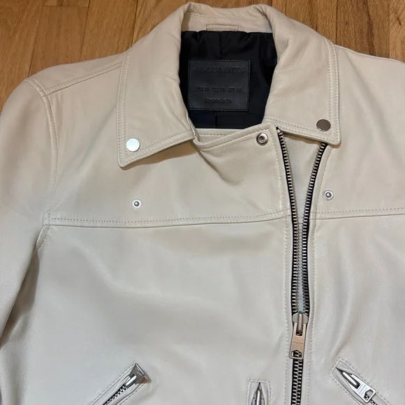 AllSaints Women’s Ivory Leather Motorcycle Biker Jacket with Black Lining 12 - Picture 2 of 12